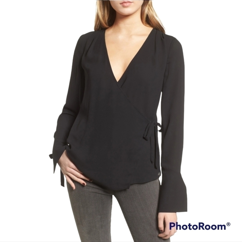 Trouve black sheer‎ long sleeve wrap top